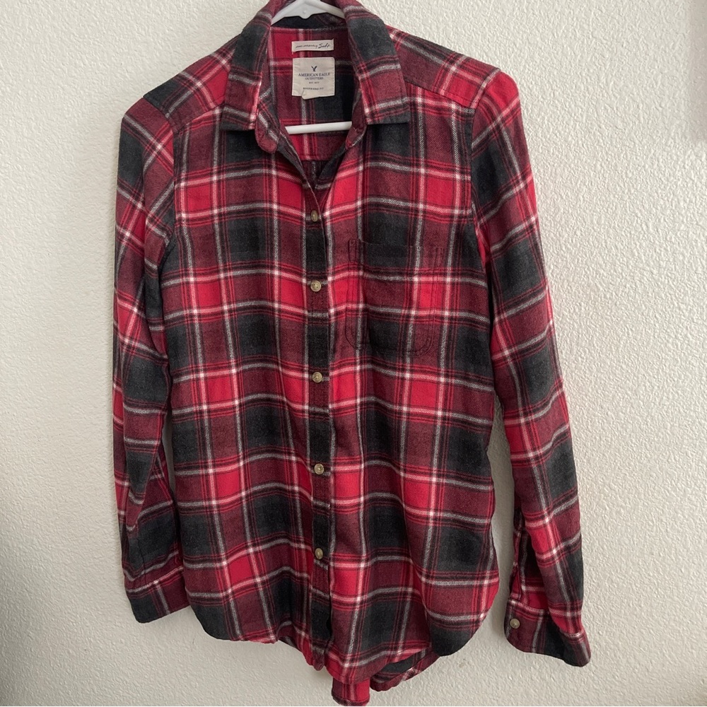 American Eagle Red and Grey Plaid Boyfriend Fit XS